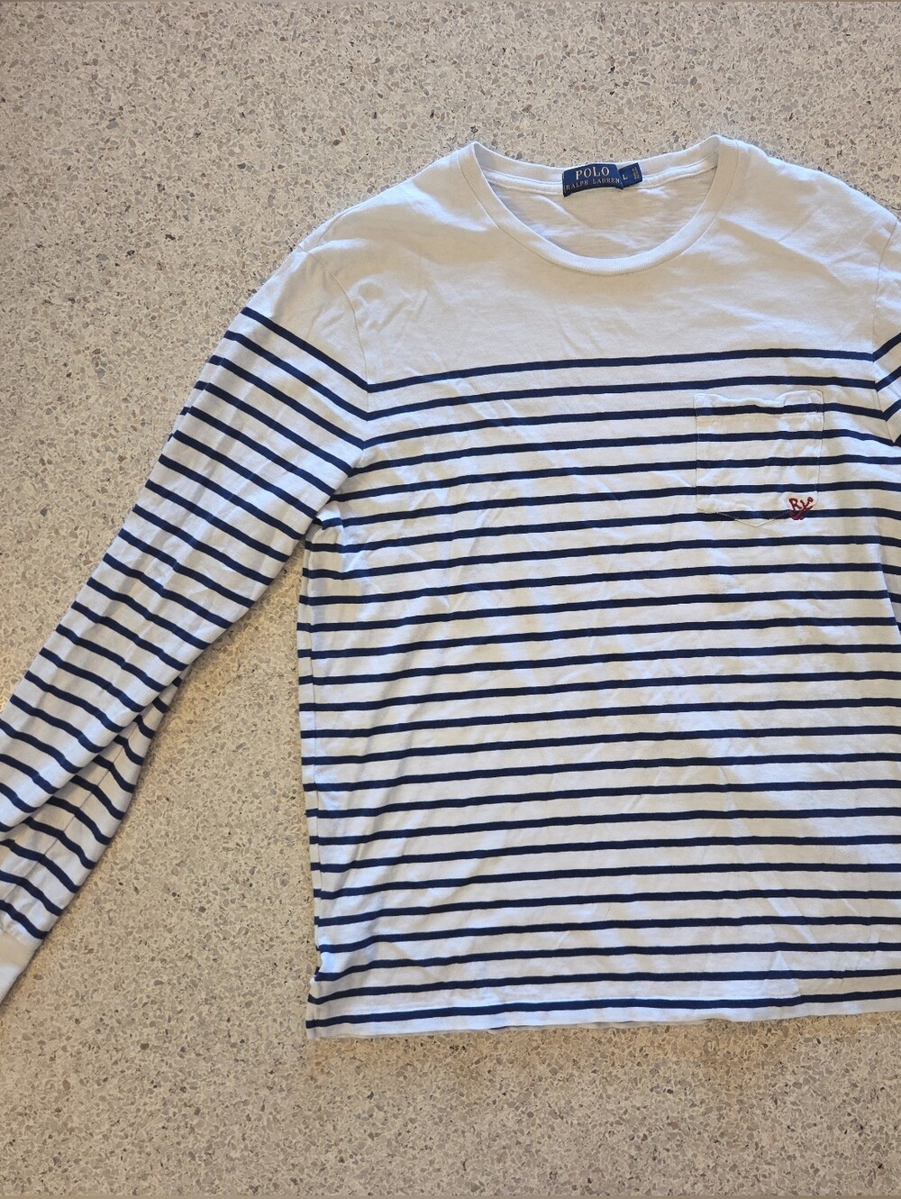 Vintage Polo Ralph Lauren Navy Striped Long Sleeve Tee w Pocket Anchor Large